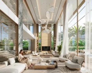 Tilal Binghatti Grand Mansion by Binghatti double height living room with panoramic windows and luxury contemporary interiors in Dubai - Presented by Tohid Fetrat
