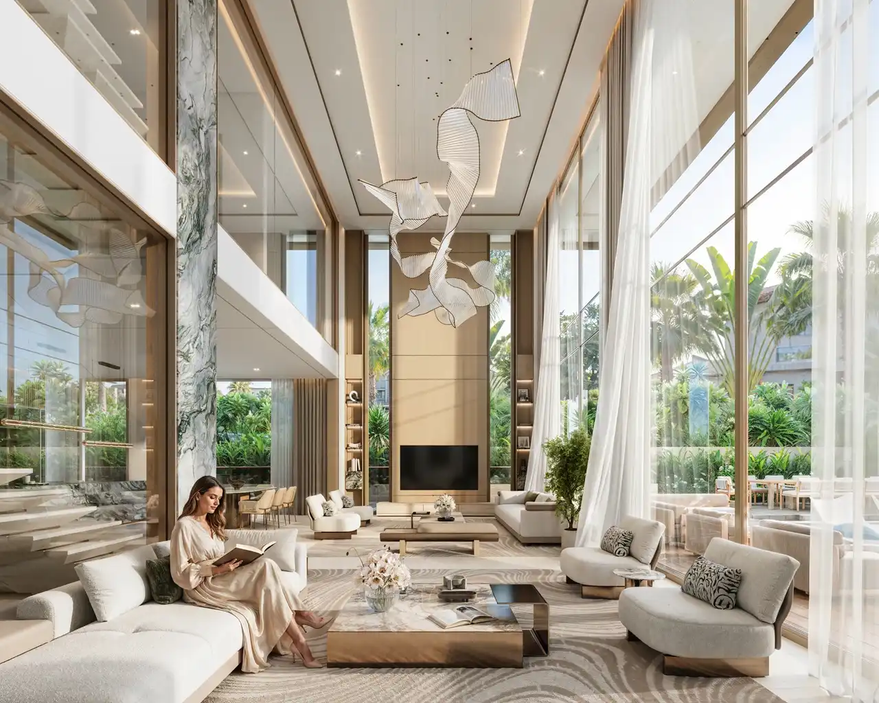Tilal Binghatti Grand Mansion by Binghatti double height living room with panoramic windows and luxury contemporary interiors in Dubai - Presented by Tohid Fetrat