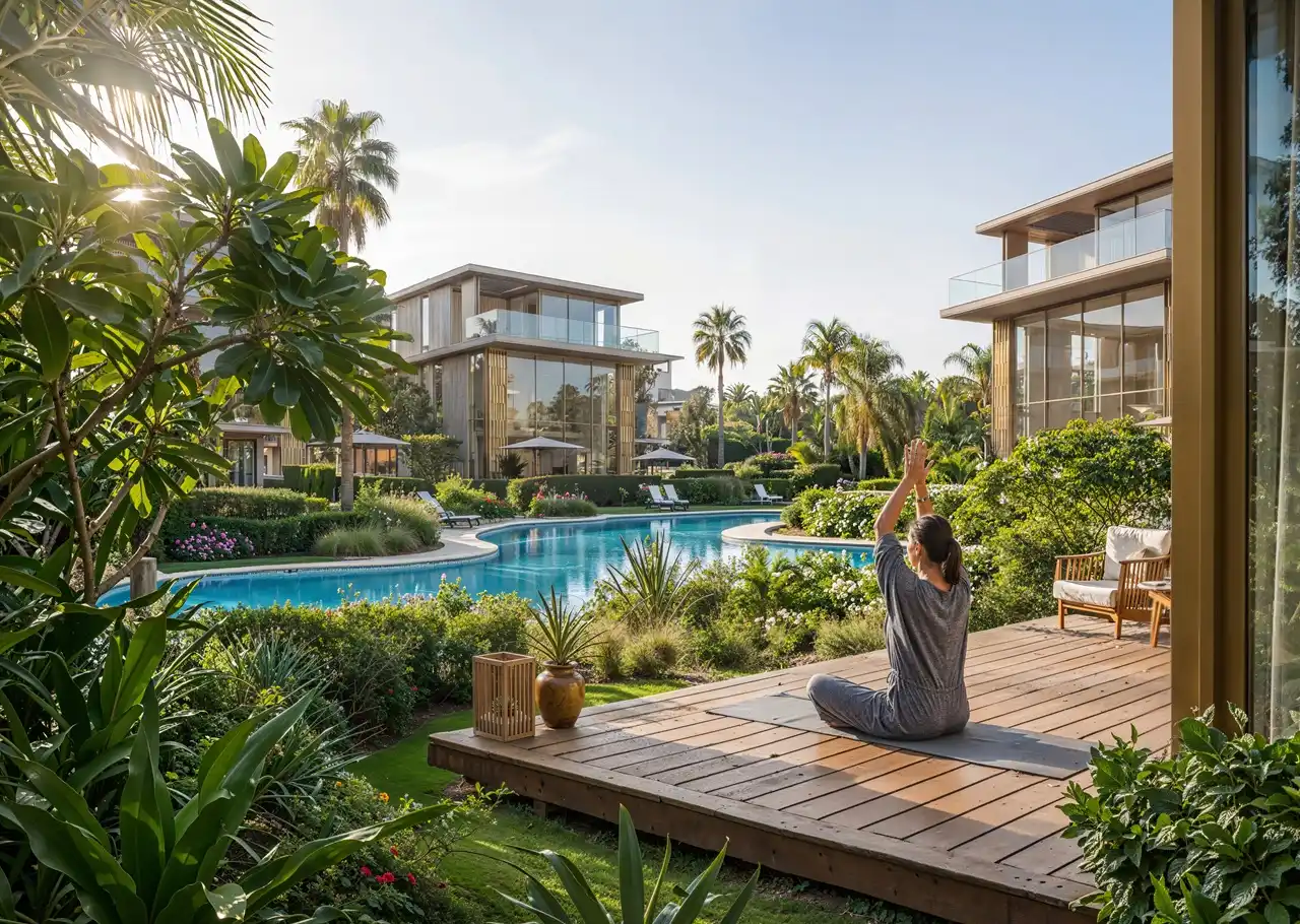 Tilal Binghatti Grand Mansion by Binghatti wellness deck overlooking lagoon style pool and tropical landscape in Dubai - Presented by Tohid Fetrat