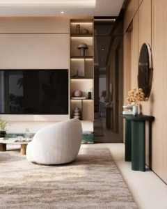 Tilal Binghatti Grand Mansion by Binghatti contemporary family lounge with bespoke furnishings and elegant wood finishes in Dubai - Presented by Tohid Fetrat