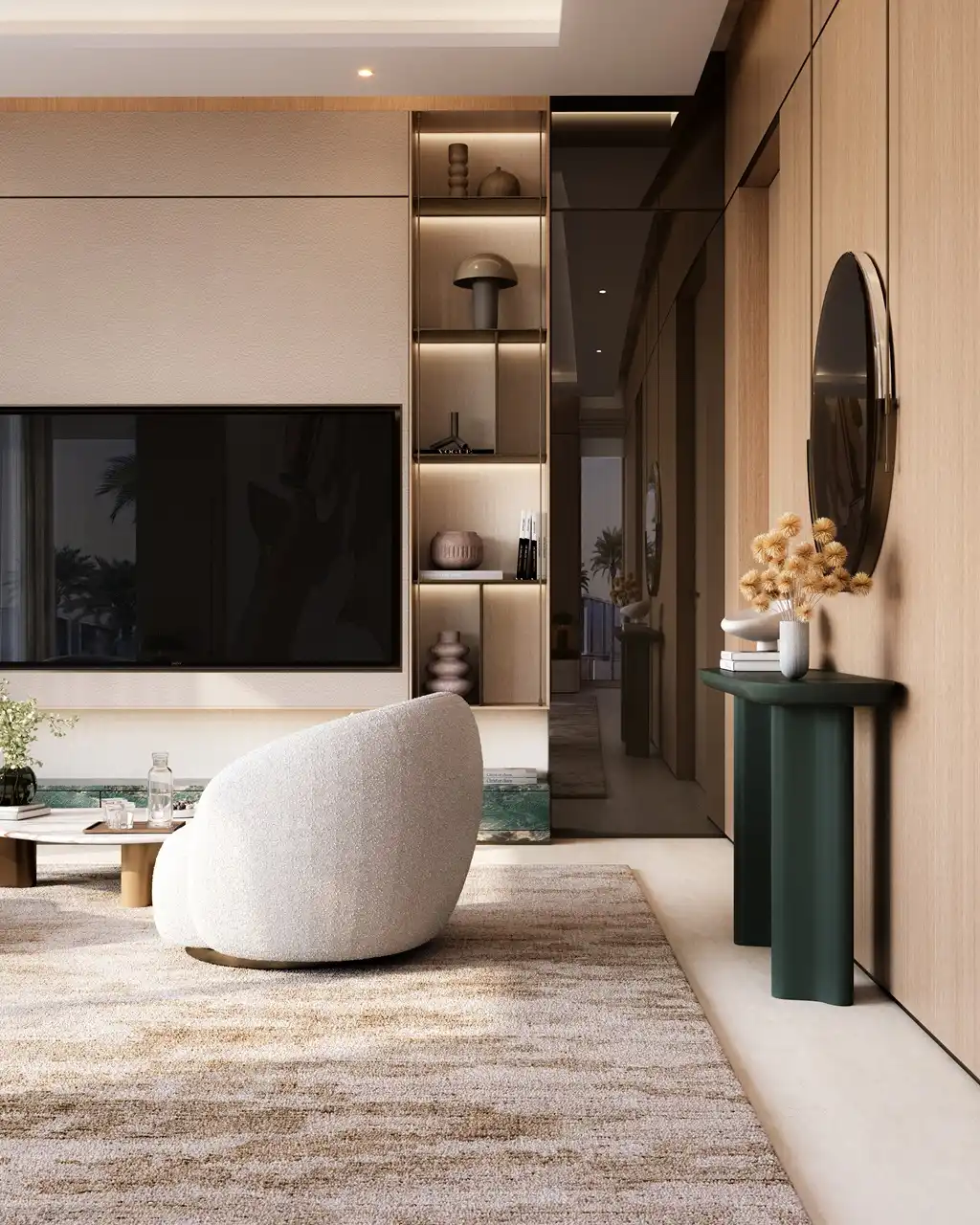Tilal Binghatti Grand Mansion by Binghatti contemporary family lounge with bespoke furnishings and elegant wood finishes in Dubai - Presented by Tohid Fetrat
