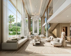 Tilal Binghatti Grand Mansion by Binghatti luxury lounge interior with double height ceilings and panoramic garden views in Dubai - Presented by Tohid Fetrat