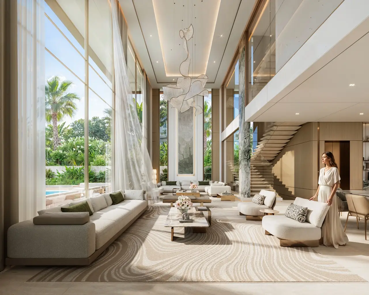 Tilal Binghatti Grand Mansion by Binghatti luxury lounge interior with double height ceilings and panoramic garden views in Dubai - Presented by Tohid Fetrat