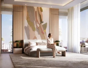 Tilal Binghatti Grand Mansion by Binghatti luxury master bedroom with contemporary design and floor to ceiling windows in Dubai - Presented by Tohid Fetrat