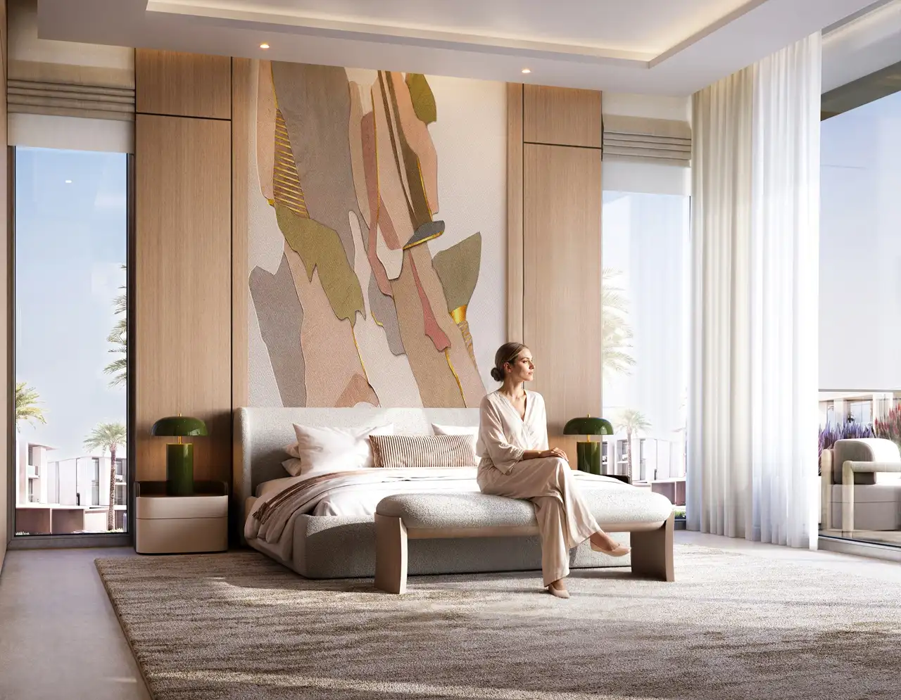 Tilal Binghatti Grand Mansion by Binghatti luxury master bedroom with contemporary design and floor to ceiling windows in Dubai - Presented by Tohid Fetrat