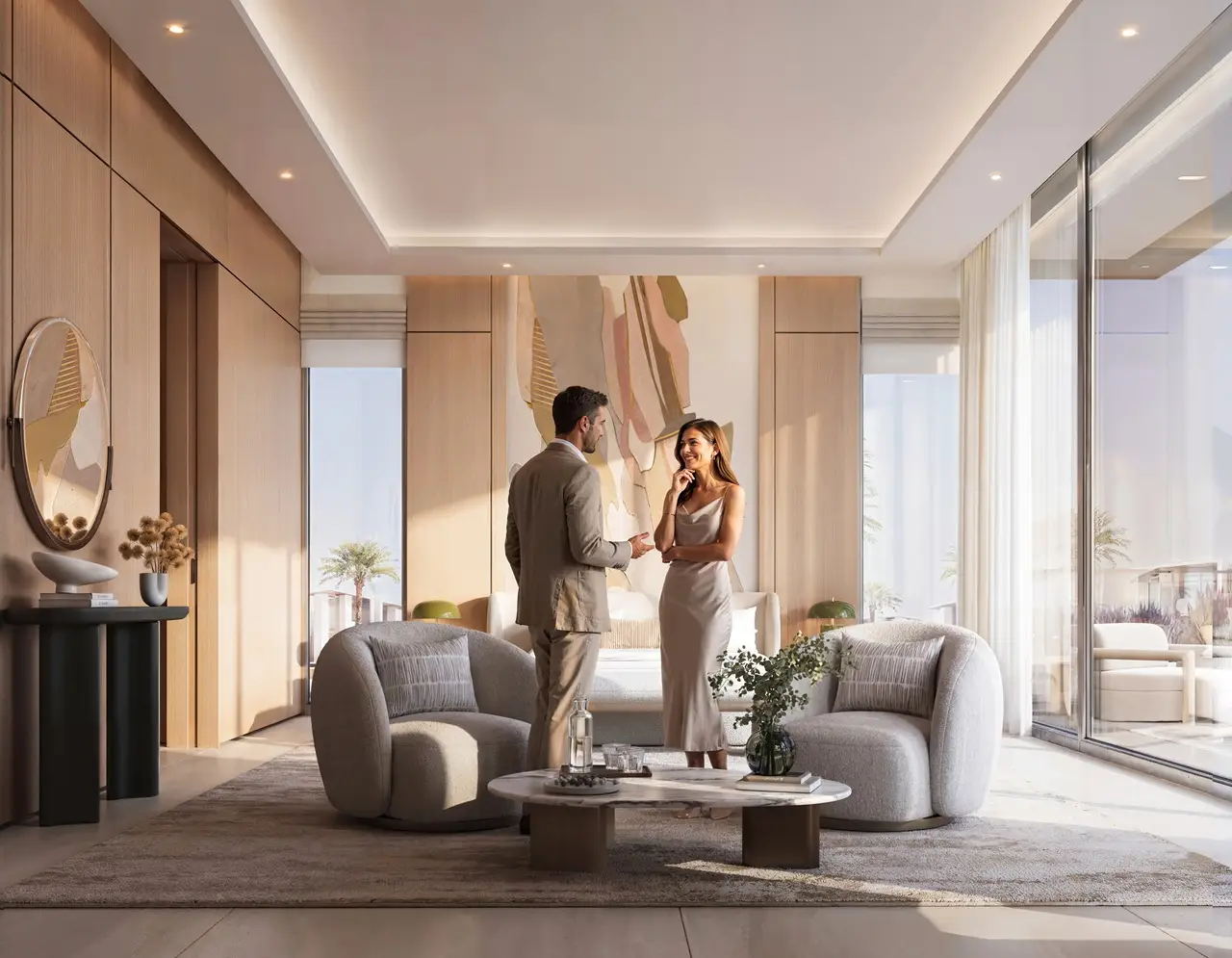 Tilal Binghatti Grand Mansion by Binghatti elegant private lounge suite with contemporary interiors and natural lighting in Dubai - Presented by Tohid Fetrat