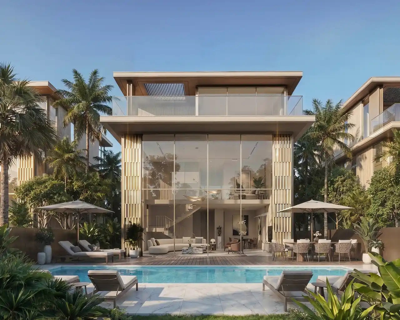 Tilal Binghatti Grand Mansion by Binghatti contemporary mansion exterior with private pool and tropical landscaping in Dubai - Presented by Tohid Fetrat