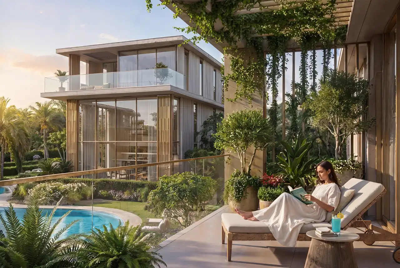 Tilal Binghatti Grand Mansion by Binghatti private terrace lounge overlooking tropical landscape and lagoon pool in Dubai - Presented by Tohid Fetrat