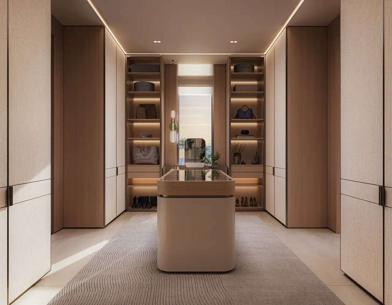 Tilal Binghatti Grand Mansion by Binghatti luxury walk in wardrobe with custom cabinetry and ambient lighting in Dubai - Presented by Tohid Fetrat