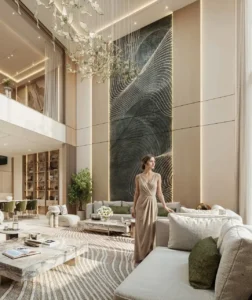 Tilal Binghatti Grand Villa by Binghatti double height lounge with sculptural chandelier and luxury contemporary interiors in Dubai - Presented by Tohid Fetrat