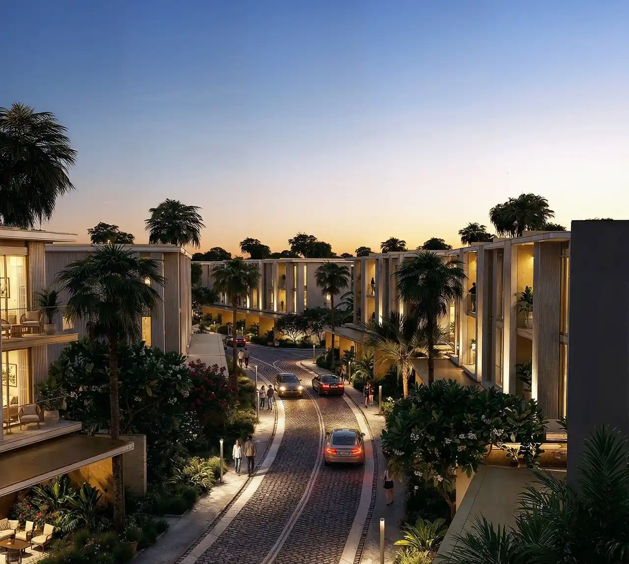 Tilal Binghatti Grand Villa by Binghatti evening community streetscape with modern villas and tropical landscaping in Dubai - Presented by Tohid Fetrat