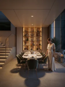 Tilal Binghatti Grand Villa by Binghatti elegant evening dining space with ambient lighting and marble accents in Dubai - Presented by Tohid Fetrat