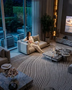 Tilal Binghatti Grand Villa by Binghatti evening lounge interior with marble coffee tables and terrace views in Dubai - Presented by Tohid Fetrat