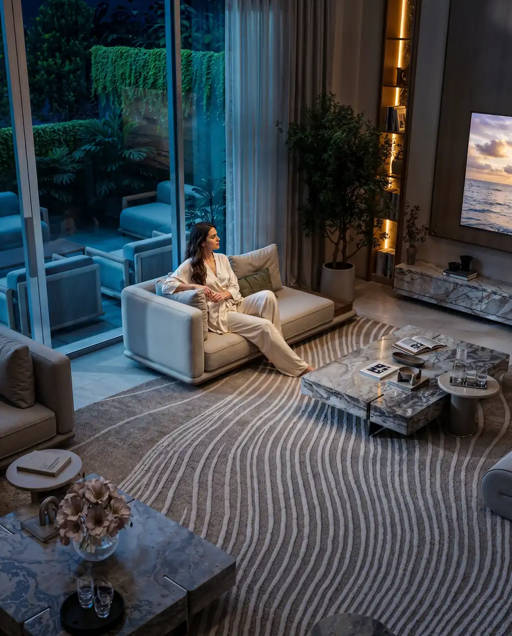 Tilal Binghatti Grand Villa by Binghatti evening lounge interior with marble coffee tables and terrace views in Dubai - Presented by Tohid Fetrat