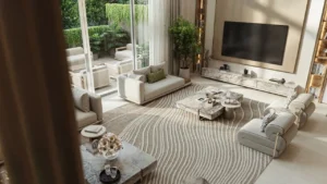 Tilal Binghatti Grand Villa luxury living room with marble coffee tables, floor-to-ceiling windows, and elegant contemporary interiors in Dubai - Presented by Tohid Fetrat
