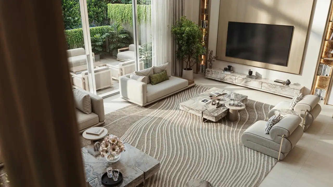 Tilal Binghatti Grand Villa luxury living room with marble coffee tables, floor-to-ceiling windows, and elegant contemporary interiors in Dubai - Presented by Tohid Fetrat