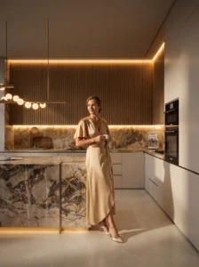 Tilal Binghatti Grand Villa by Binghatti luxury kitchen interior with marble island and ambient lighting in Dubai - Presented by Tohid Fetrat