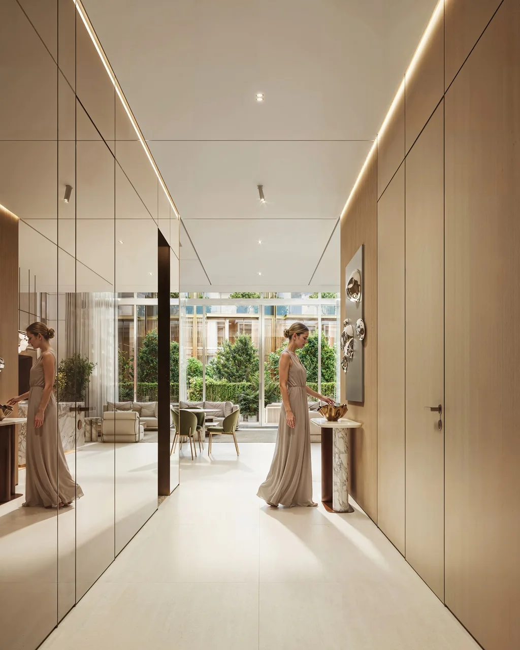 Tilal Binghatti Grand Villa by Binghatti modern entry corridor with reflective wall panels and minimalist luxury interiors in Dubai - Presented by Tohid Fetrat
