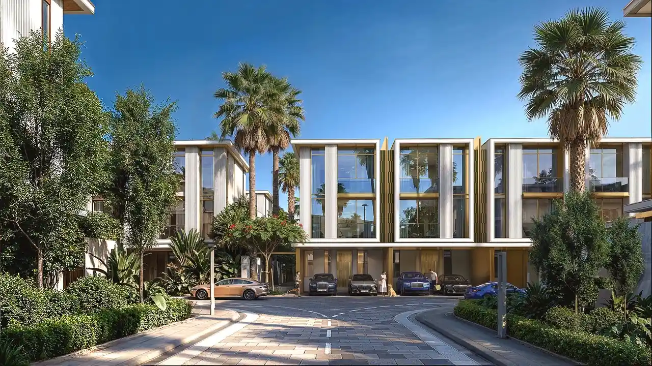 Tilal Binghatti Grand Villa by Binghatti contemporary villa façade with landscaped streetscape and luxury residences in Dubai - Presented by Tohid Fetrat