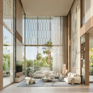 Tilal Binghatti Mansion double-height lounge with panoramic windows, luxury furnishings, and contemporary designer interiors in Dubai - Presented by Tohid Fetrat
