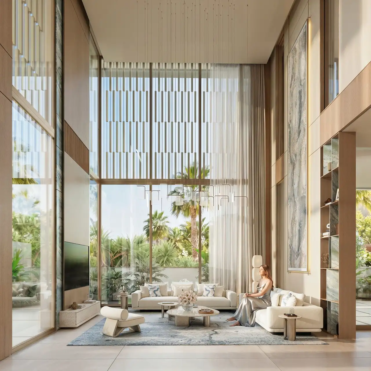 Tilal Binghatti Mansion double-height lounge with panoramic windows, luxury furnishings, and contemporary designer interiors in Dubai - Presented by Tohid Fetrat