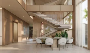 Tilal Binghatti Mansion luxury floating staircase interior with double-height spaces, modern dining area, and panoramic glazing in Dubai - Presented by Tohid Fetrat