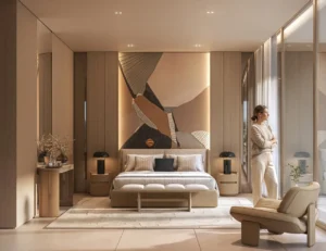Tilal Binghatti Mansion luxury master bedroom suite with contemporary artwork, floor-to-ceiling windows, and refined neutral interiors in Dubai - Presented by Tohid Fetrat