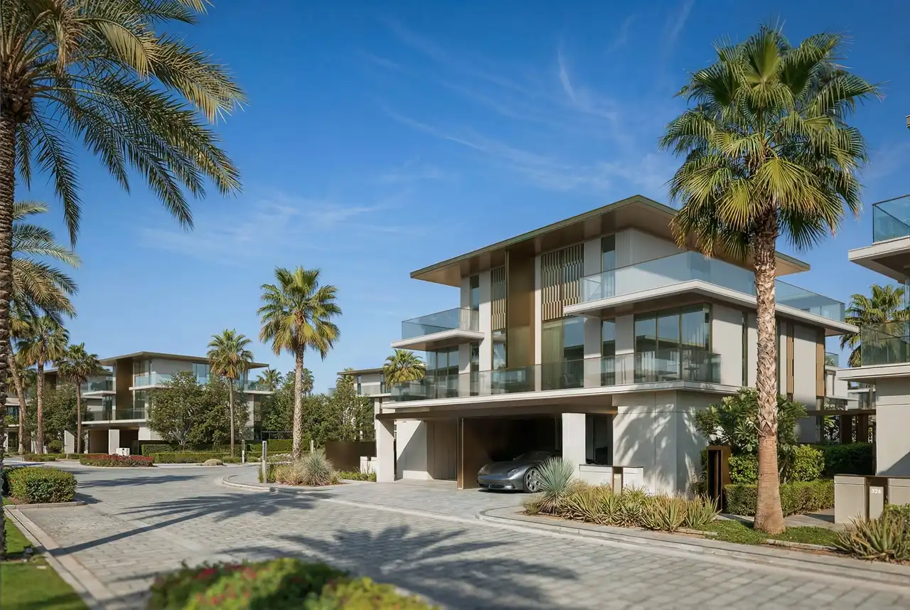Tilal Binghatti Mansion modern exterior with palm-lined streets, contemporary architecture, and luxury residential surroundings in Dubai - Presented by Tohid Fetrat