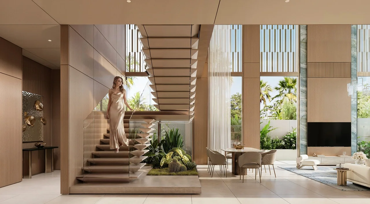 Tilal Binghatti Mansion luxury staircase interior with double-height ceilings, contemporary living spaces, and tropical-inspired design in Dubai - Presented by Tohid Fetrat