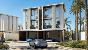 Tilal Binghatti Phase 1 by Binghatti modern townhouse exteriors with landscaped community surroundings and palm lined streets in Dubai - Presented by Tohid Fetrat