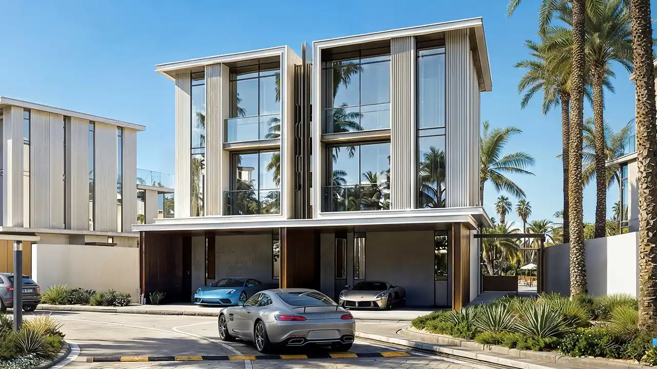Tilal Binghatti Phase 1 by Binghatti modern townhouse exteriors with landscaped community surroundings and palm lined streets in Dubai - Presented by Tohid Fetrat