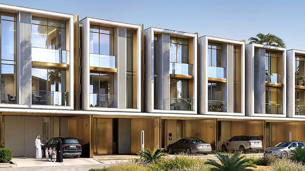 Tilal Binghatti Phase 1 by Binghatti modern townhouse facades with floor to ceiling windows private parking and landscaped frontage in Dubai - Presented by Tohid Fetrat