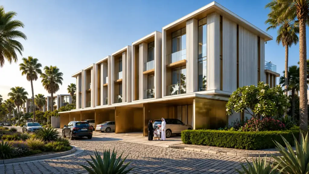 Tilal Binghatti Phase 1 by Binghatti modern townhouse row with landscaped surroundings private parking and palm lined streets in Dubai - Presented by Tohid Fetrat