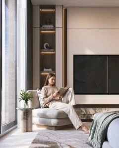 Tilal Binghatti Phase 1 by Binghatti modern villa bedroom interior with elegant seating warm lighting and contemporary finishes in Dubai - Presented by Tohid Fetrat
