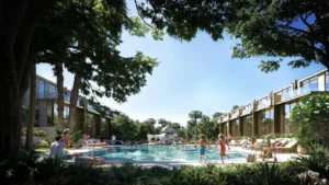 Tilal Binghatti Phase 1 by Binghatti community pool with families relaxing swimming and modern villas surrounded by greenery in Dubai - Presented by Tohid Fetrat