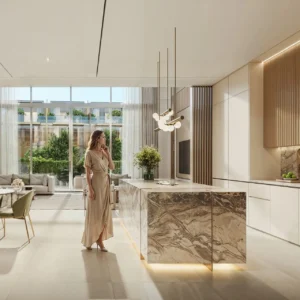 Tilal Binghatti Phase 1 by Binghatti luxury villa kitchen interior with marble island floor to ceiling windows and contemporary finishes in Dubai - Presented by Tohid Fetrat