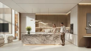 Tilal Binghatti Phase 1 by Binghatti luxury open kitchen interior with marble island elegant lighting and modern finishes in Dubai - Presented by Tohid Fetrat