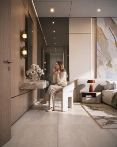 Tilal Binghatti Villa luxury bedroom vanity area with contemporary interiors, marble finishes, and warm ambient lighting in Dubai - Presented by Tohid Fetrat