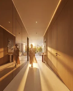 Tilal Binghatti Villa luxury corridor interior with mirrored walls, warm sunset lighting, and elegant contemporary design in Dubai - Presented by Tohid Fetrat