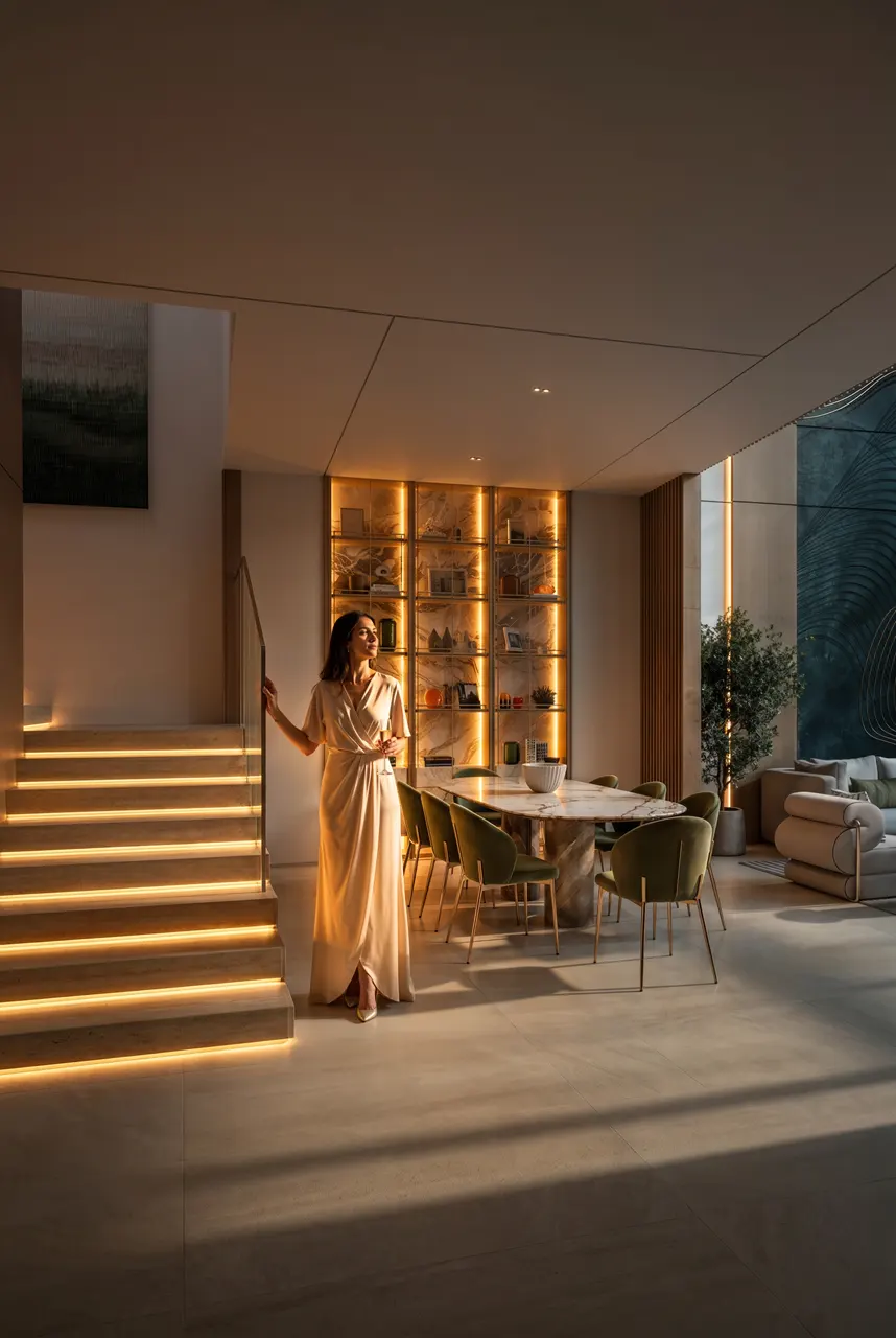 Tilal Binghatti Villa luxury dining area with illuminated staircase, marble dining table, and elegant ambient lighting in Dubai - Presented by Tohid Fetrat