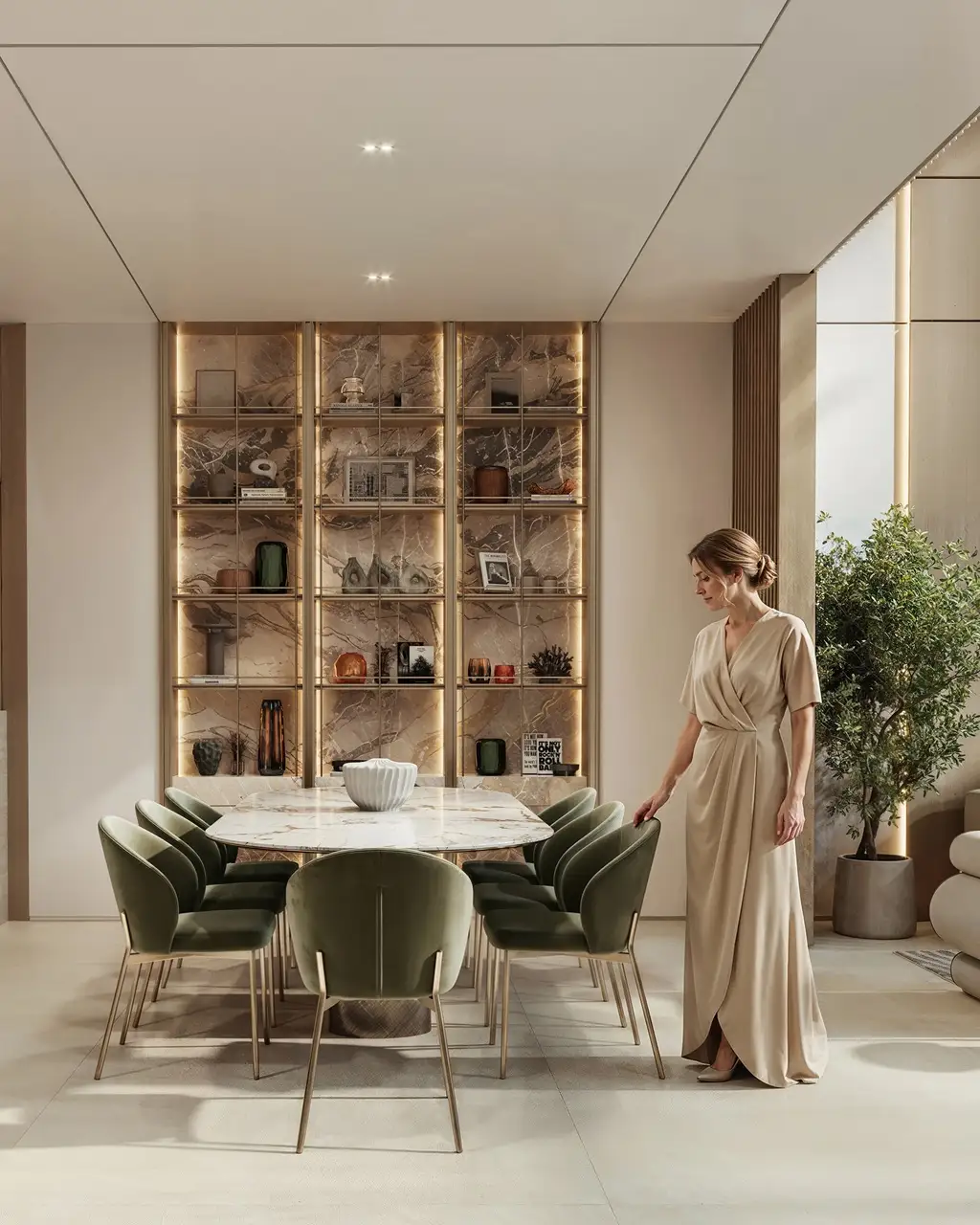 Luxury dining area interior at Tilal Binghatti Villa featuring marble dining table, illuminated display shelving, and elegant contemporary villa design in Dubai - Presented by Tohid Fetrat