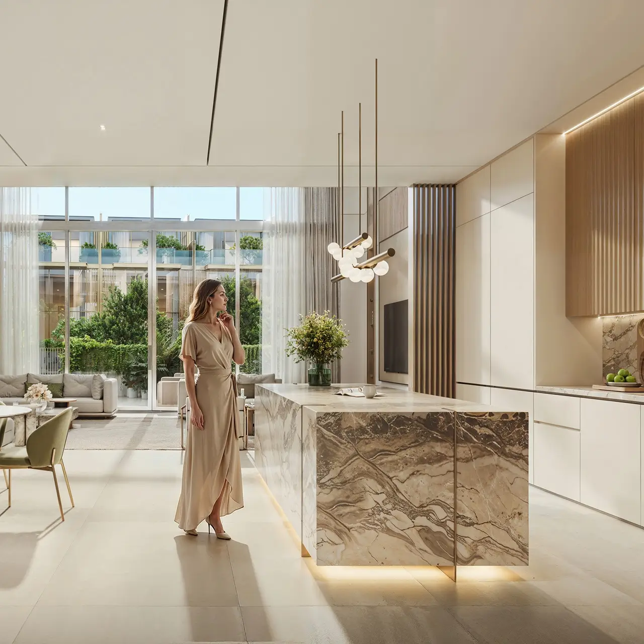 Luxury marble kitchen island interior at Tilal Binghatti Villa featuring open-plan contemporary living spaces and premium villa finishes in Dubai - Presented by Tohid Fetrat