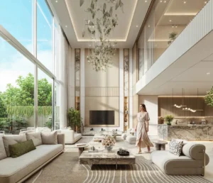 Tilal Binghatti Villa open-plan living interior with double-height ceilings, designer chandelier, and luxury contemporary finishes in Dubai - Presented by Tohid Fetrat
