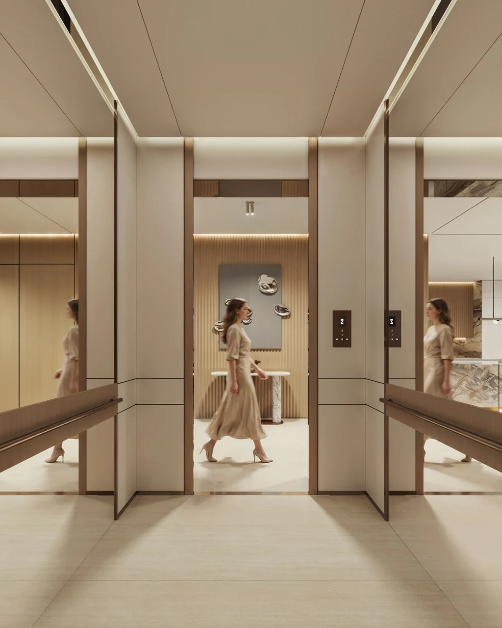 Private elevator lobby interior at Tilal Binghatti Villa featuring mirrored walls, contemporary finishes, and refined luxury villa design in Dubai - Presented by Tohid Fetrat