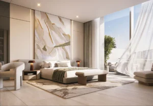 Tilal Binghatti Villas & Mansions by Binghatti luxury bedroom interior with floor to ceiling windows and contemporary finishes in Dubai - Presented by Tohid Fetrat