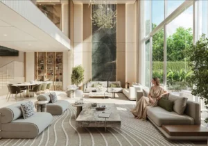 Tilal Binghatti Villas & Mansions by Binghatti double height living room interior with panoramic windows and luxury contemporary design in Dubai - Presented by Tohid Fetrat