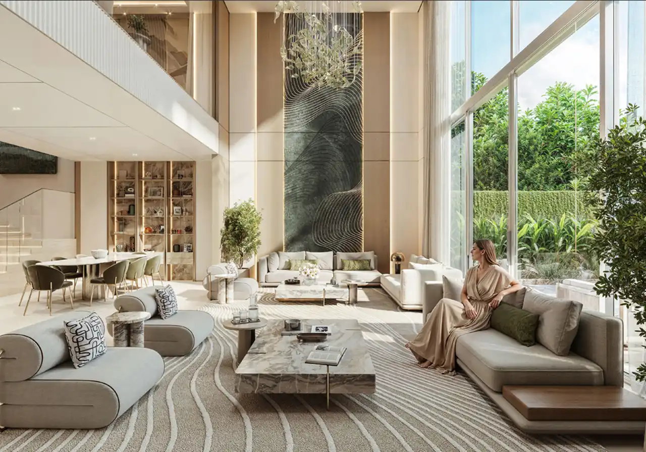 Tilal Binghatti Villas & Mansions by Binghatti double height living room interior with panoramic windows and luxury contemporary design in Dubai - Presented by Tohid Fetrat