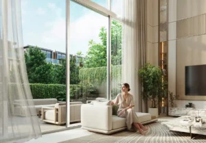 Tilal Binghatti Villas & Mansions by Binghatti luxury living room with floor to ceiling windows and garden views in Dubai - Presented by Tohid Fetrat
