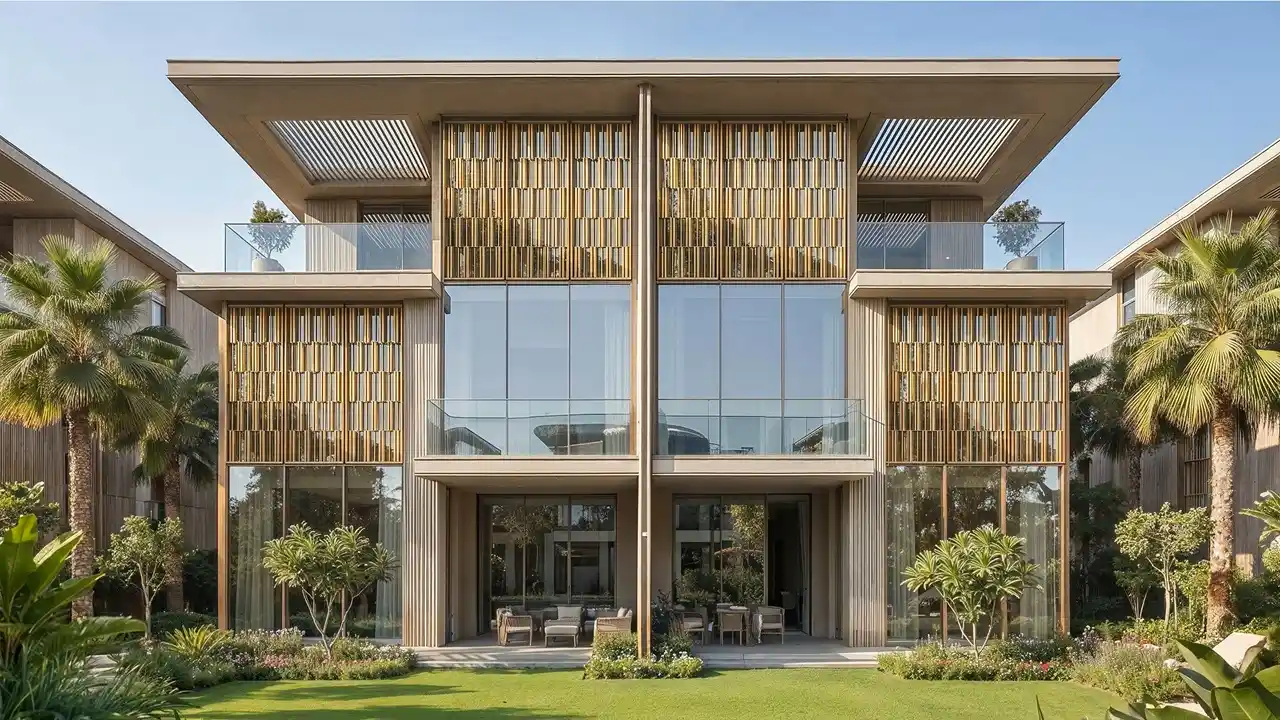 Tilal Binghatti Villas & Mansions by Binghatti grand mansion facade with floor to ceiling glazing and luxury architectural design in Dubai - Presented by Tohid Fetrat