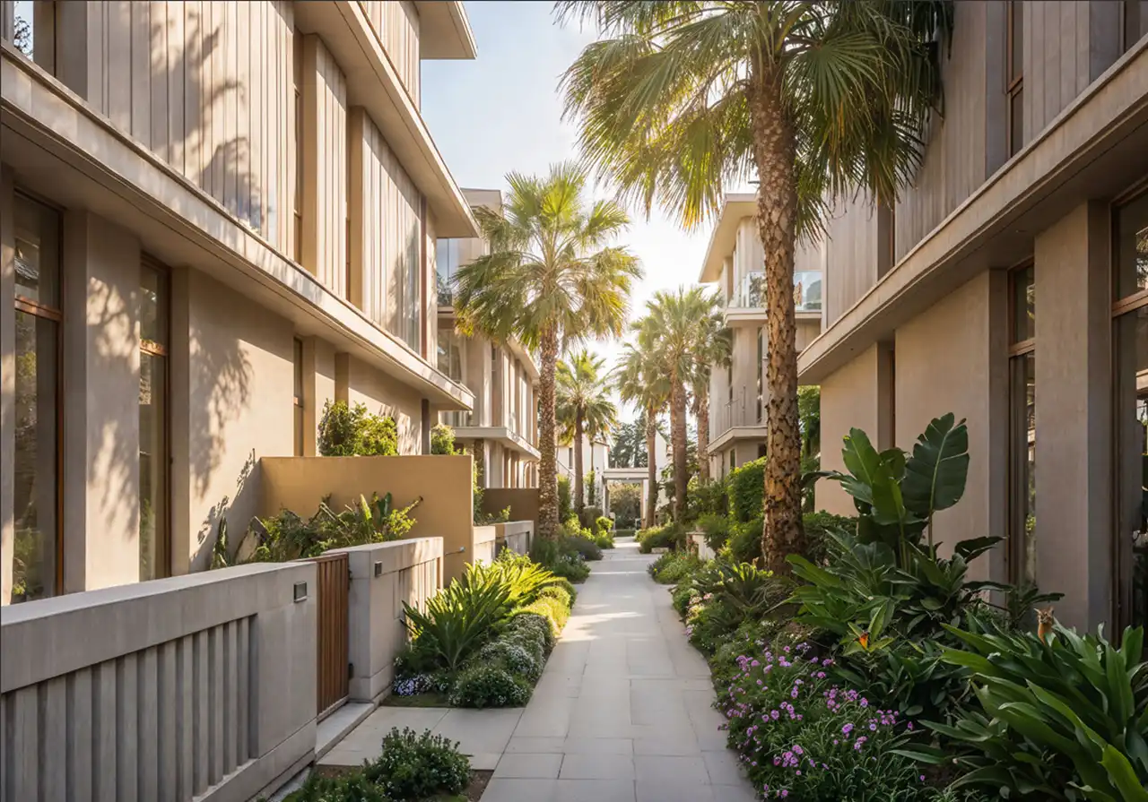 Tilal Binghatti Villas & Mansions by Binghatti landscaped residential walkway with palm trees and contemporary villa surroundings in Dubai - Presented by Tohid Fetrat